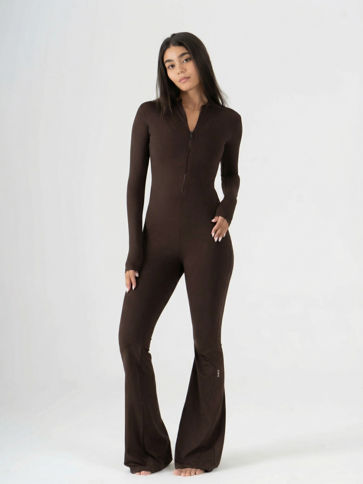 HIGH NECK FLARED LONG SLEEVE JUMPSUIT