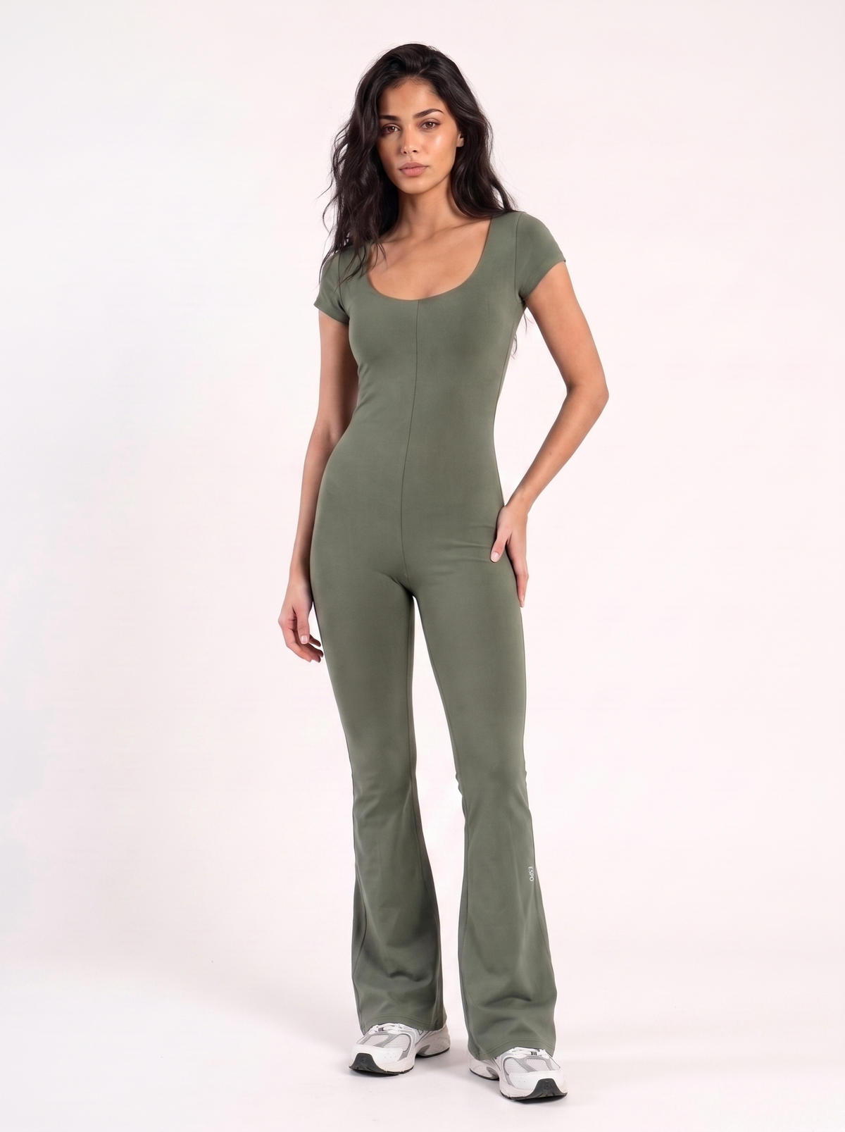 WIDE NECK SHORT SLEEVE FLARED JUMPSUIT