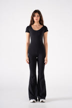 WIDE NECK SHORT SLEEVE FLARED JUMPSUIT