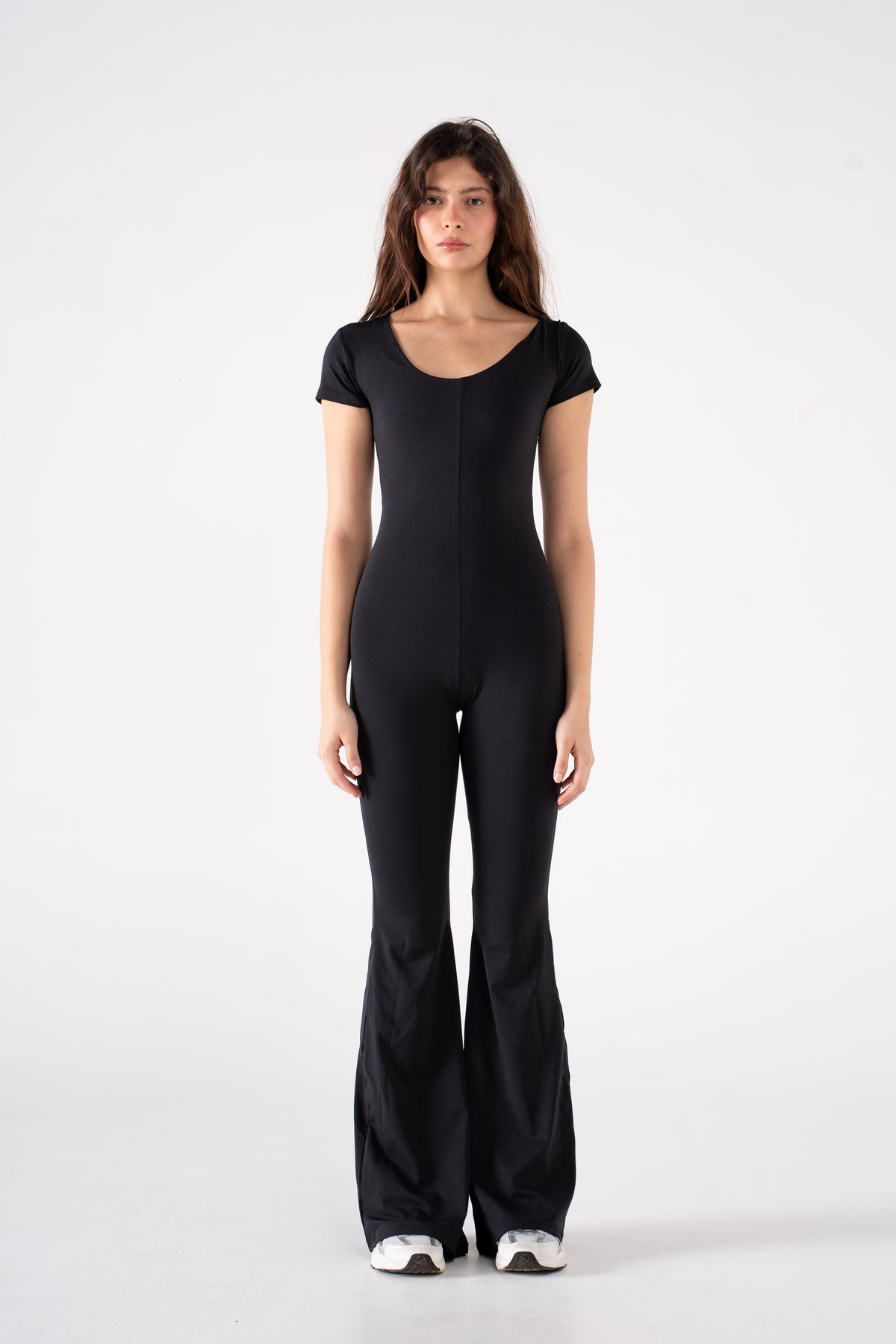 WIDE NECK SHORT SLEEVE FLARED JUMPSUIT