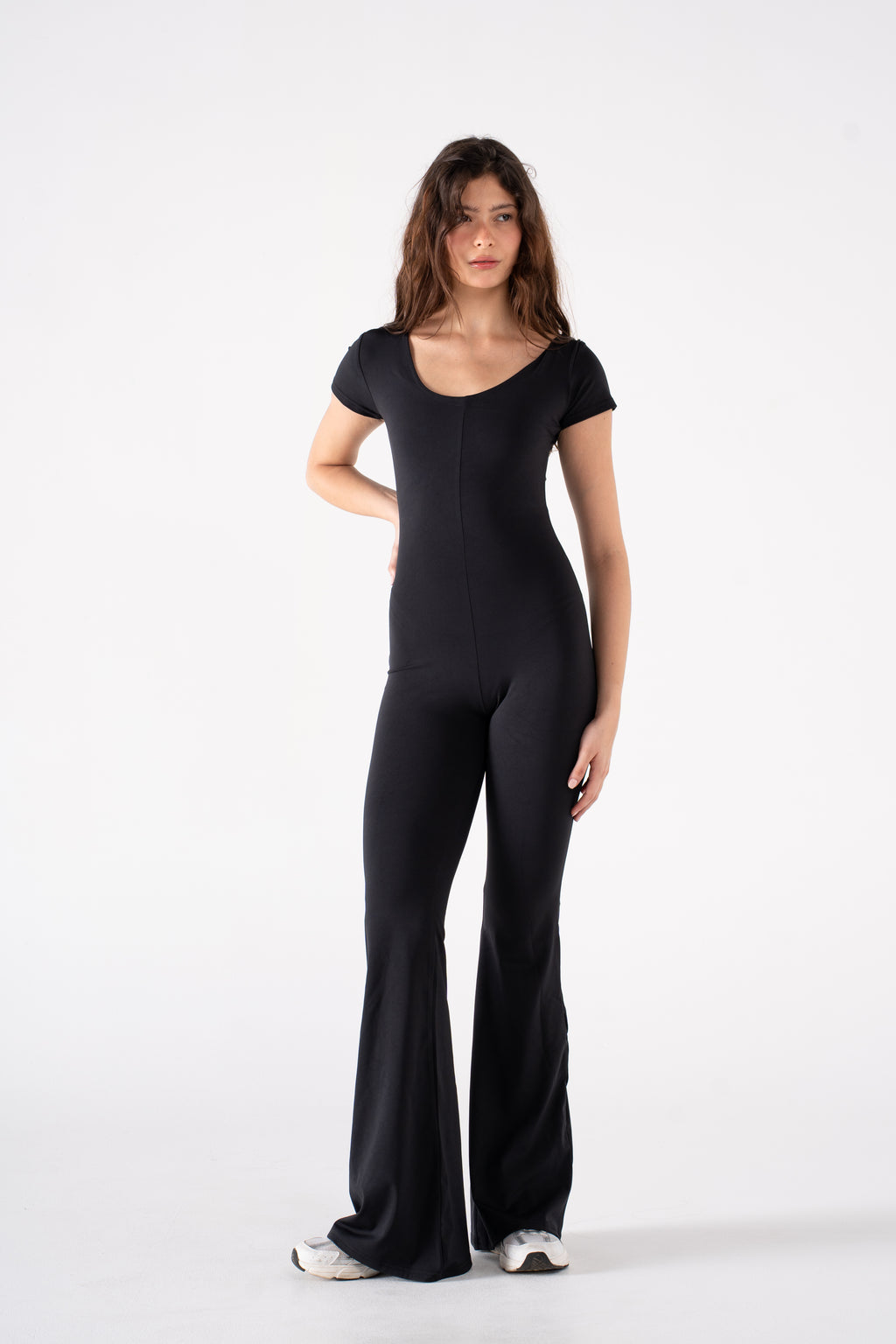 WIDE NECK SHORT SLEEVE FLARED JUMPSUIT