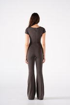 WIDE NECK SHORT SLEEVE FLARED JUMPSUIT