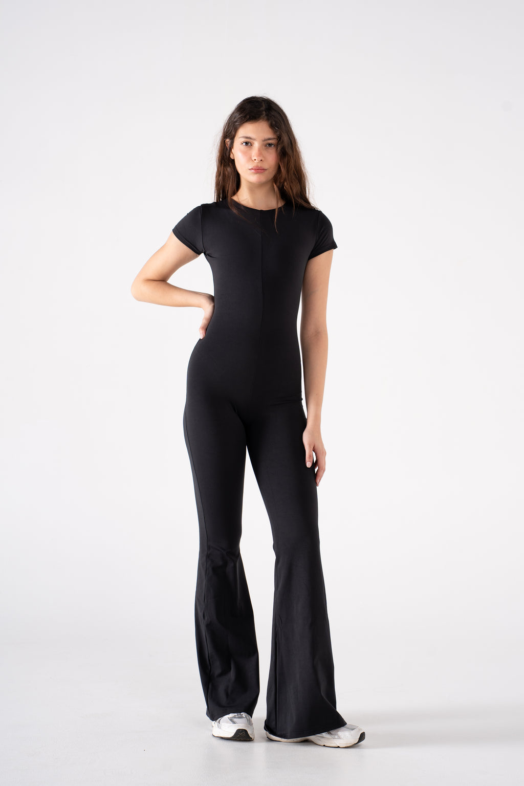 ROUND NECK SHORT SLEEVE FLARED JUMPSUIT