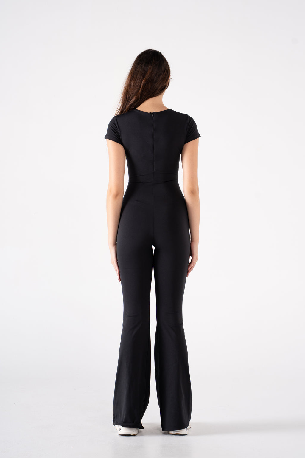 ROUND NECK SHORT SLEEVE FLARED JUMPSUIT