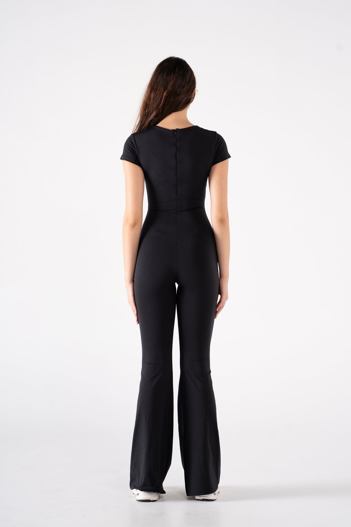 ROUND NECK SHORT SLEEVE FLARED JUMPSUIT