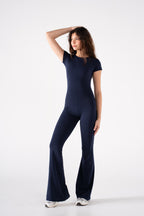 ROUND NECK SHORT SLEEVE FLARED JUMPSUIT